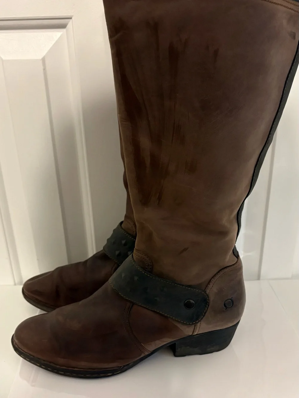 BORN, Two-Tone Brown Distressed Leather Knee-High Riding Boots